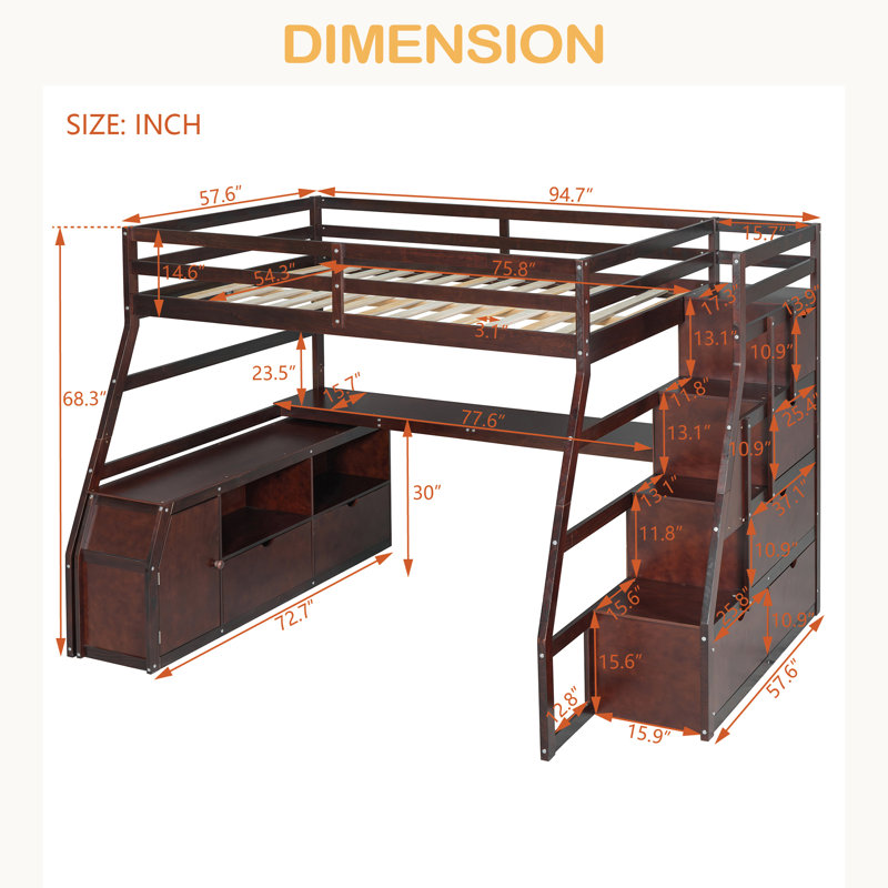 Full Size Loft Bed With 7 Drawers 2 Shelves And Desk, Espresso