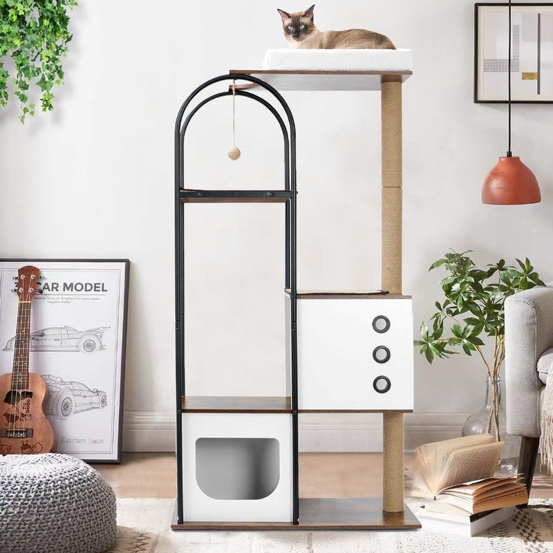 Tour à chat moderne moderne, arbre à chat d'intérieur avec plateforme à plusieurs niveaux, terrier, grattoir, perchoir