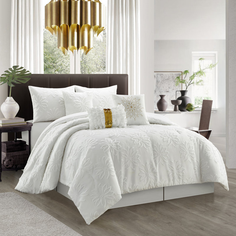 Altair White Microfiber 7 Piece Comforter Set, Queen Comforter + 6 Additional Pieces