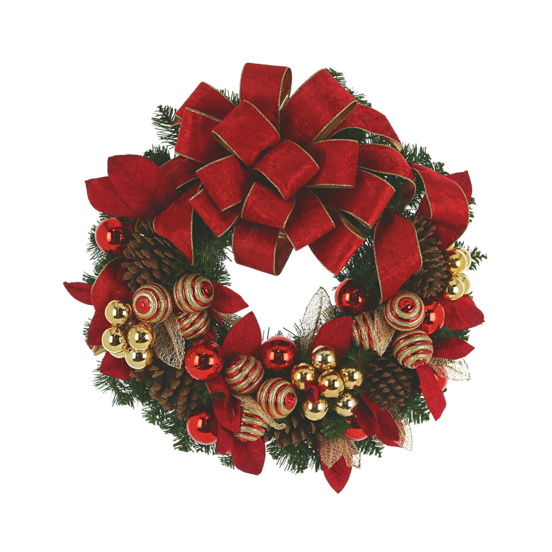 Holiday Front Door Wreath with Festive Leaves, Ornaments, Pinecones and Velvet Bows Creative Displays, Inc.