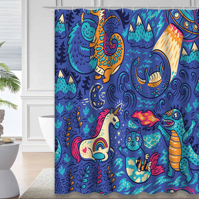 Fantastic Animals Dragon Mermaid Cartoon Kids Shower Curtain with 12 Hooks