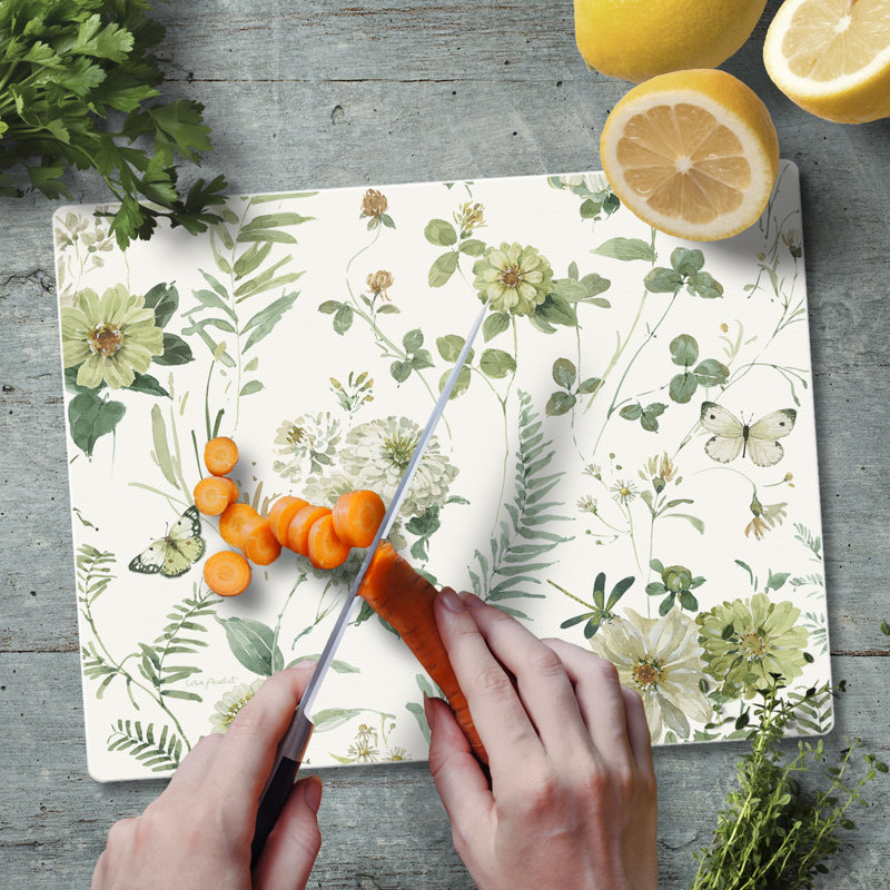 Green Floral Tempered Glass Cutting Board with Non-Skid Feet