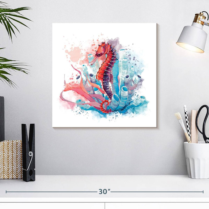 Hippocampe Crowle et éclaboussures de corail, H 16 po x l 16 po
