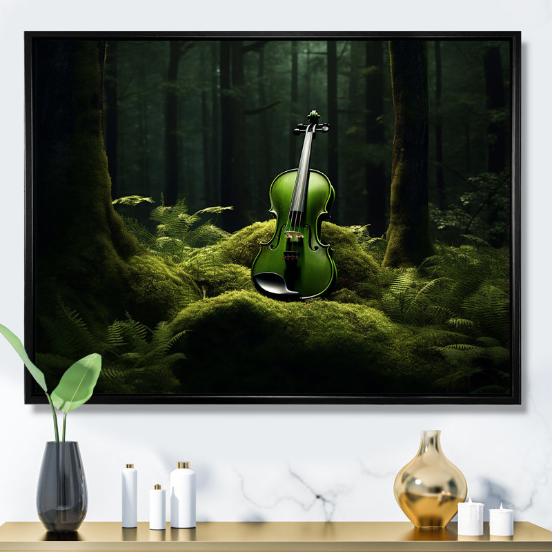 Violon verdure dans la forêt III - musique sur toile, art mural, Cadre flottant noir, H 34 po x l 44 po x P 1,5 po
