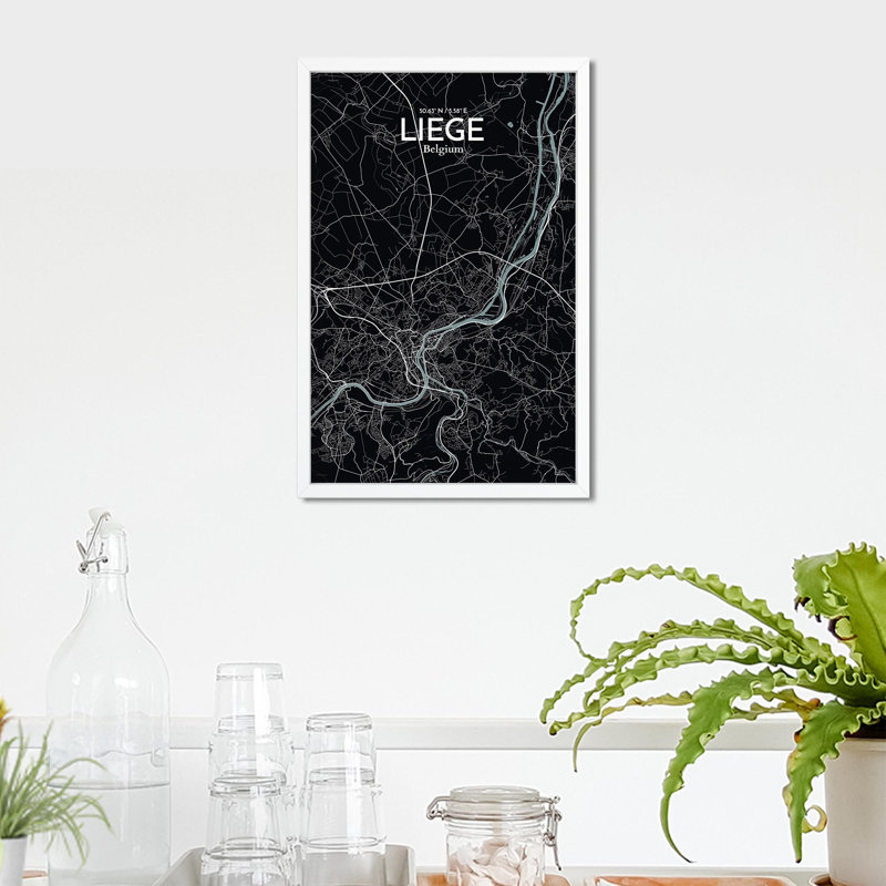 «Liege City Map», impression, H 17 po x l 11 po, Gris / noir