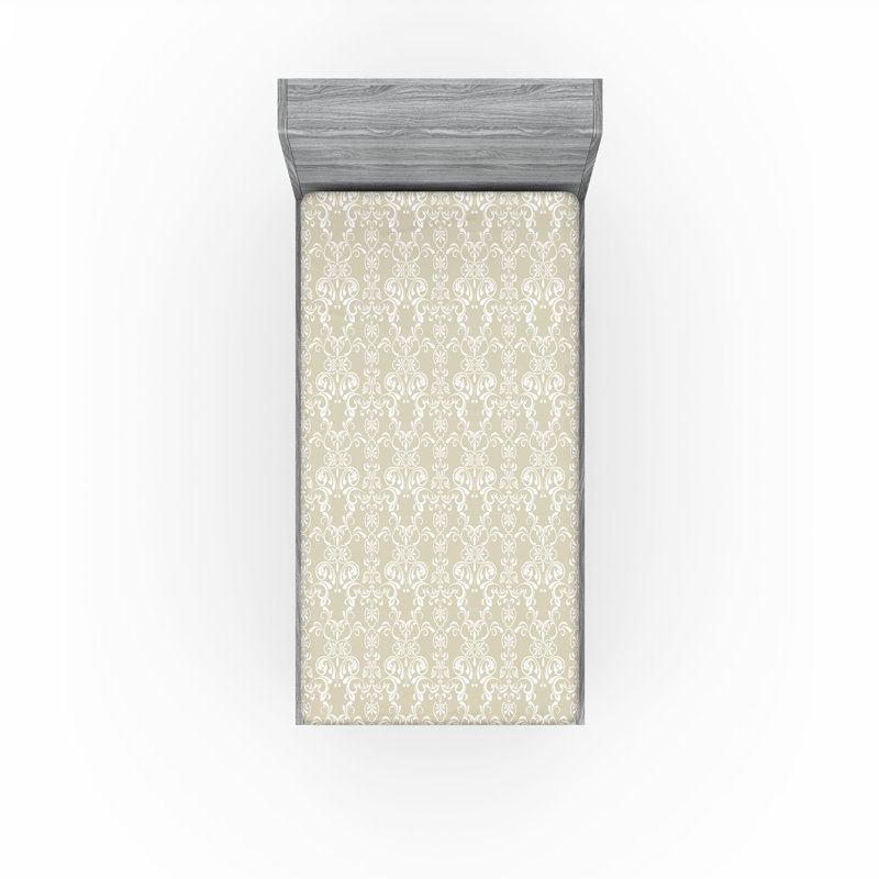Ambesonne Fitted Sheet 2-Pack, White/Beige Damask, Twin Fitted Sheet