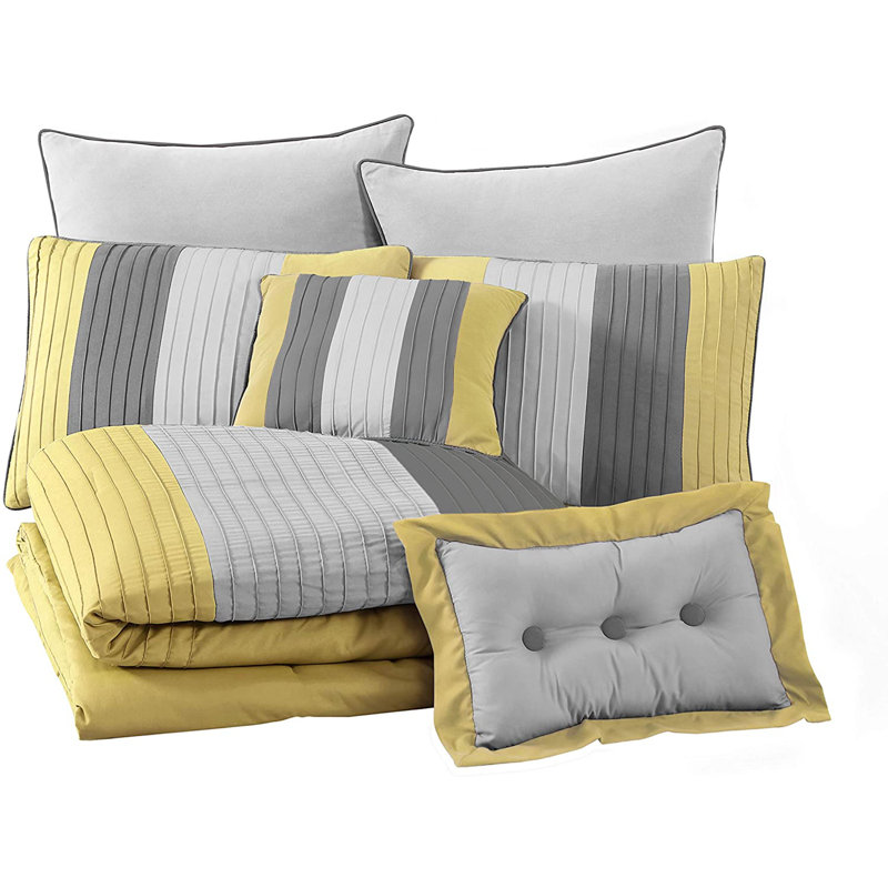 Loft 8-Piece Pleated Stripe Microfiber Comforter Set, California King Comforter + 2 King Shams, Gray