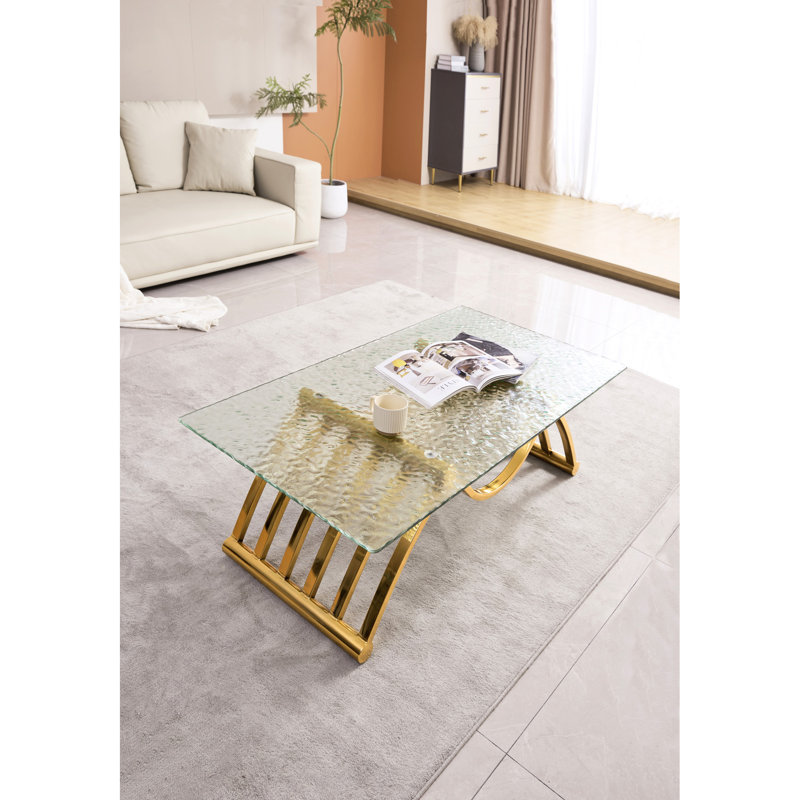 Table basse rectangulaire de 47 po avec touche moderne, acier inoxydable et verre trempé, or, facile à assembler pour la table rectangulaire de salon, couleur or, bureau d'assemblage