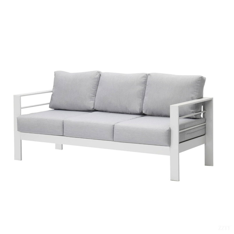 73" All-Weather Aluminum Patio Sofa, 3 Seat Outdoor Couch With Thick Cushions, Gray, White