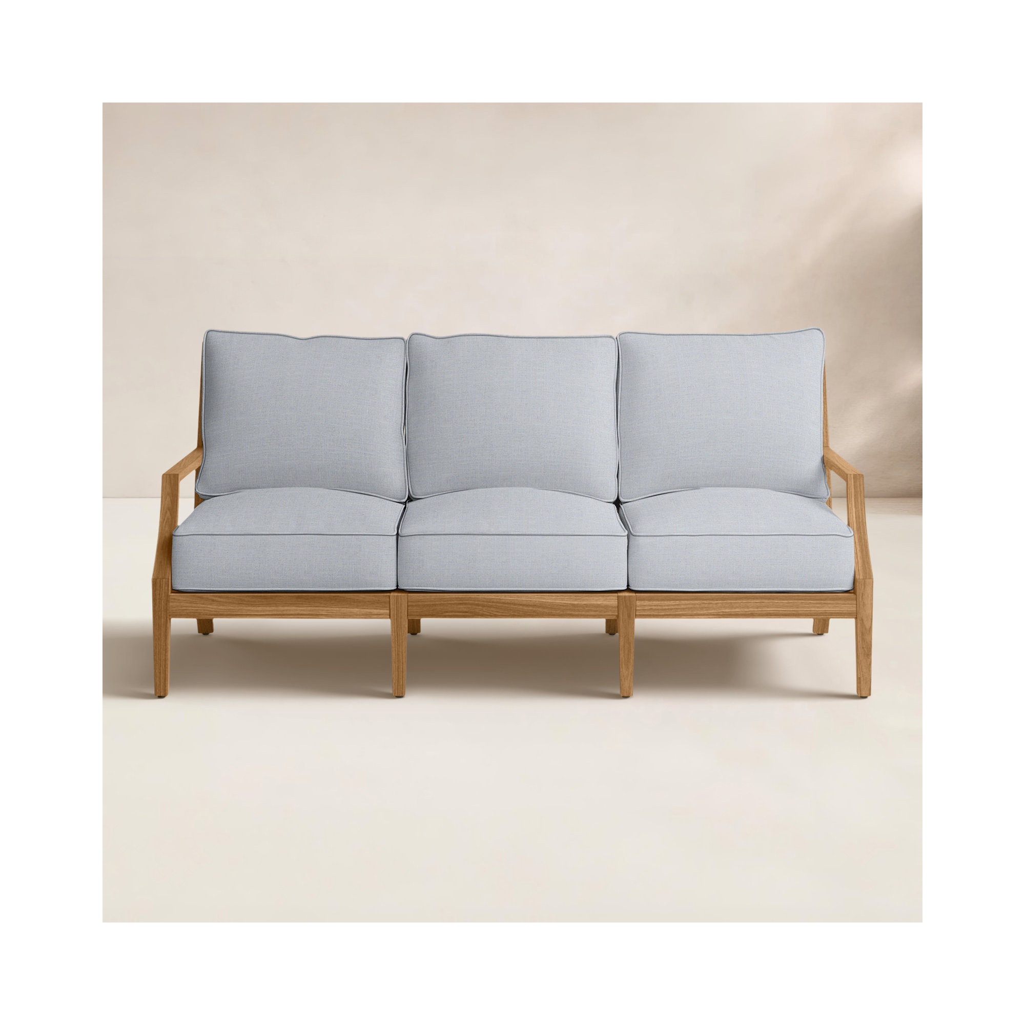 Haley Teak Patio Sofa with Cushions, Linen Chambray, Welt + Standard fill, Natural Teak