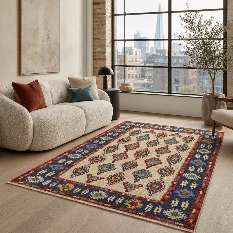 Oriental Cotton and Chenille Flatweave Area Rug, 200 cm round