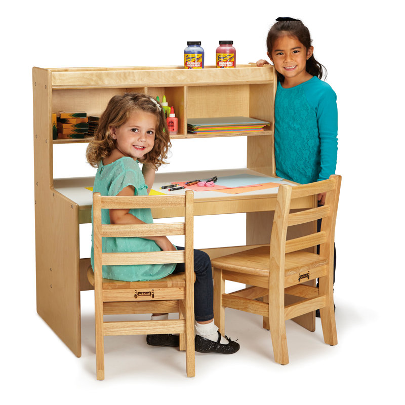 Kids' Dual Writing Desk with Storage Shelves, Light Brown Wood