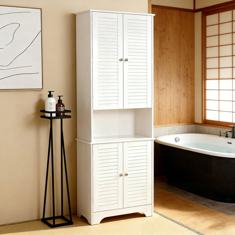 Narrow Dubuc Cabinet with 4 Doors and Shelf Adjustability, White