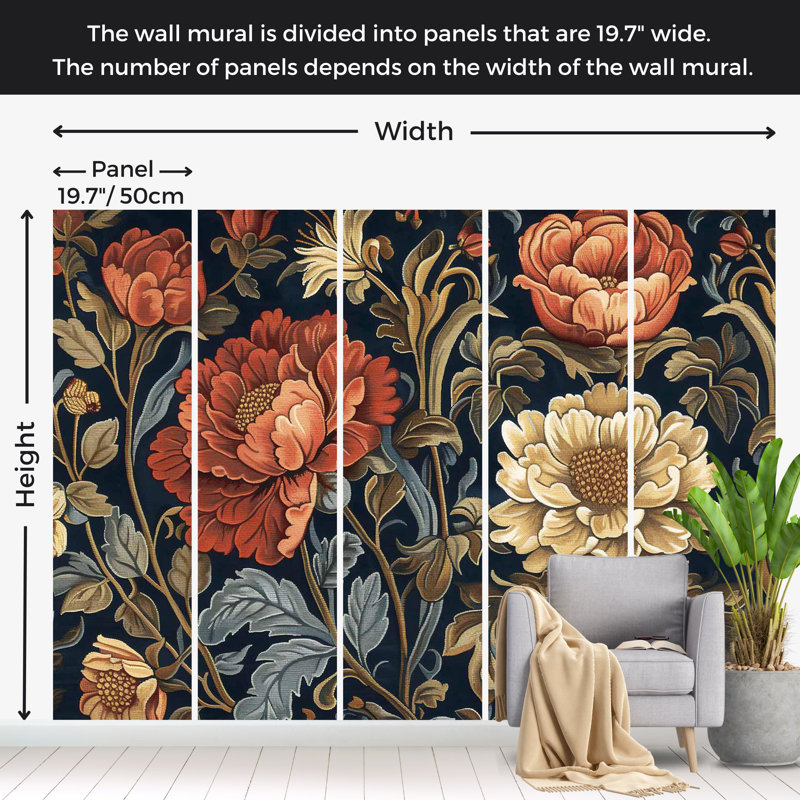 Papier peint floral - Grandes fleurs style Kilim, L 68 po x l 98 po