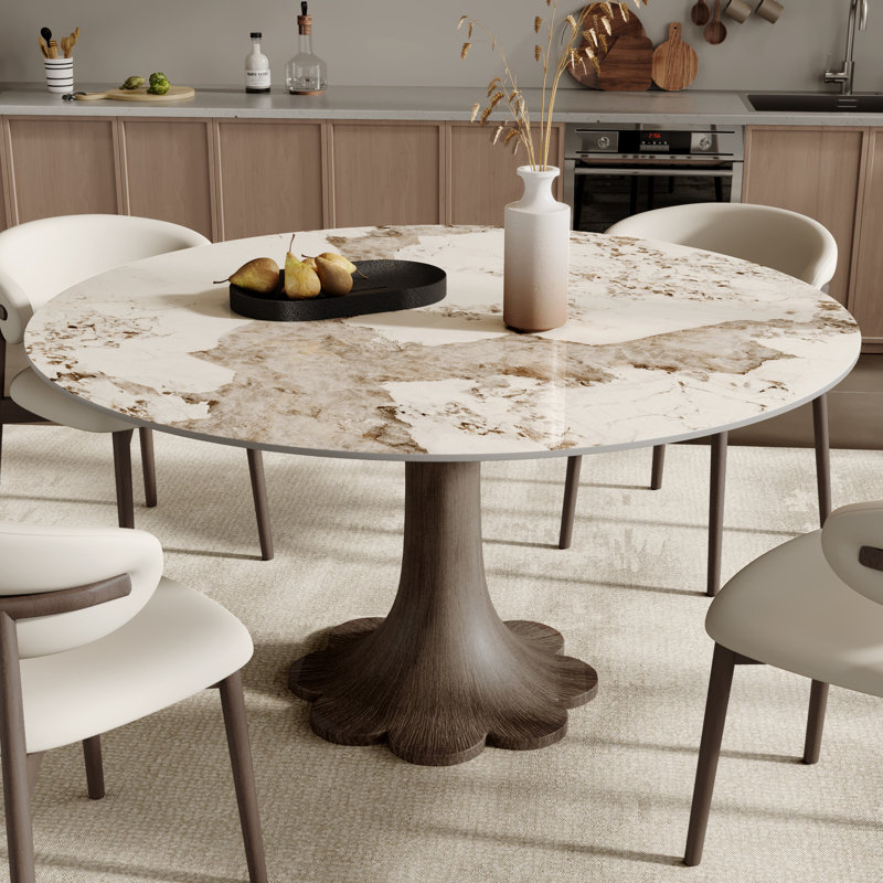 Mid-Century moderne enneigé / sable fritté pierre ronde bois massif en bois massif piédestal de forme noyer / ton noyer foncé (1 table, 4/6/8 chaises)