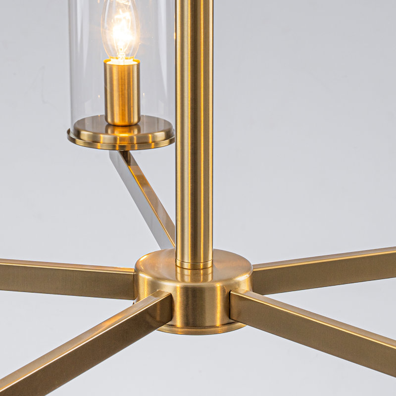 Lustre à 5 lumières à intensité variable avec abat-jours cylindriques en verre transparent , Doré
