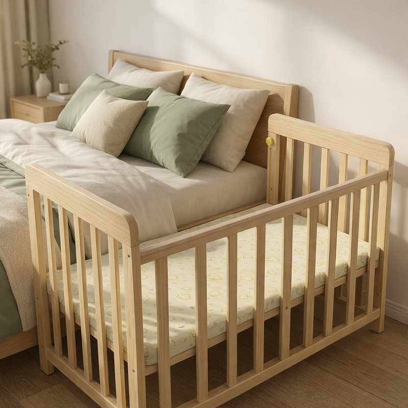 Mini lit de bébé en bois de pin massif 3-en-1 avec matelas, 3 hauteurs réglables, roulettes et lit convertible pour tout-petit