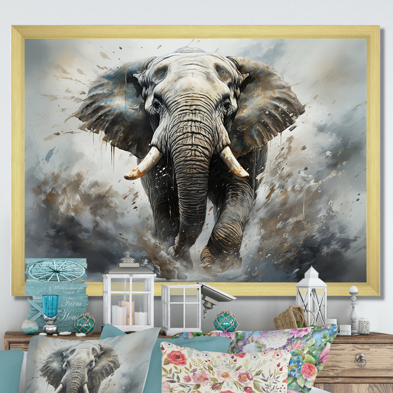 «Elephant Symphony Stampede», reproduction sur toile, H 12 po x l 20 po x P 1 po, Cadre doré simple