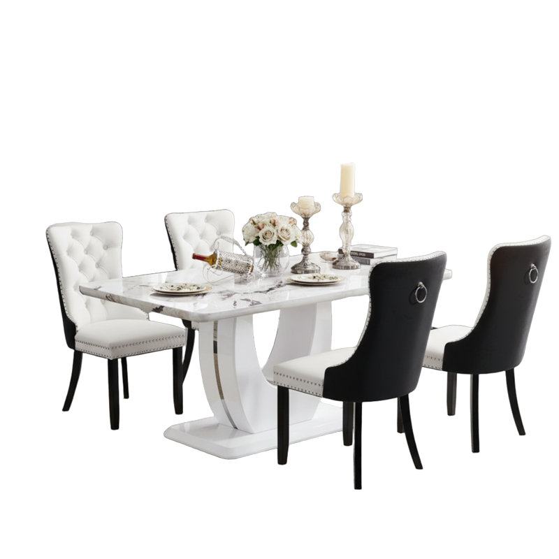 5-pieces 63" Rectangular White Marble Dining Set with 4 Grain Tufted Velvet Chairs, Black/White, White