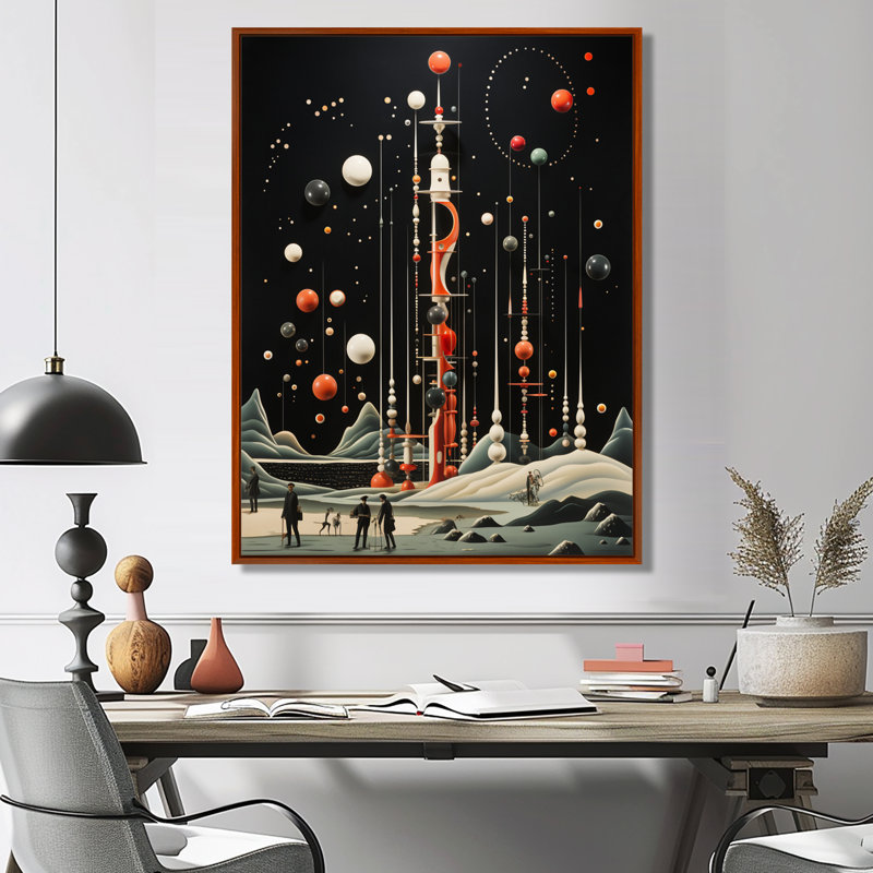 Illustration rétro d'une fusée spatiale - art mural espace, H 32 po x l 16 po x P 1 po, Toile avec cadre flottant brun