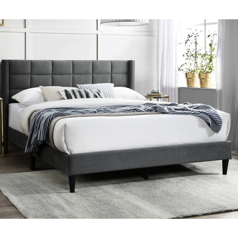 Très grand lit à la mode gris avec tête de lit rectangulaire en lin brossé et structure de lit rembourrée et stable, Gris