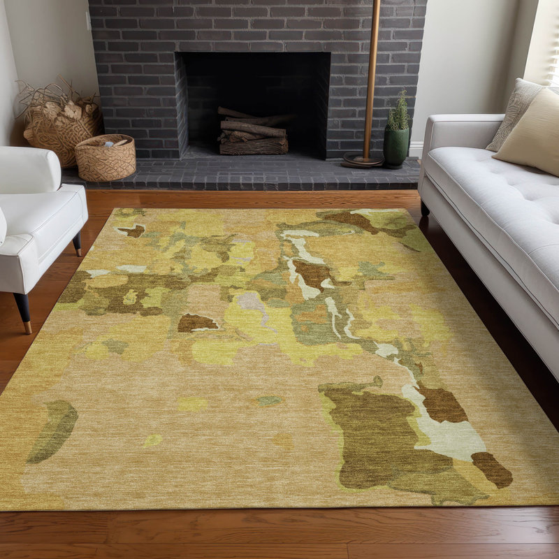 Gold Abstract Rectangular Washable Synthetic Area Rug 3' x 5'