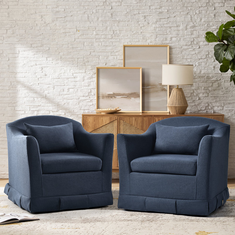 Electra Modern Farmhouse Slipcovered Swivel Armchair Set of 2, Navy Polyester