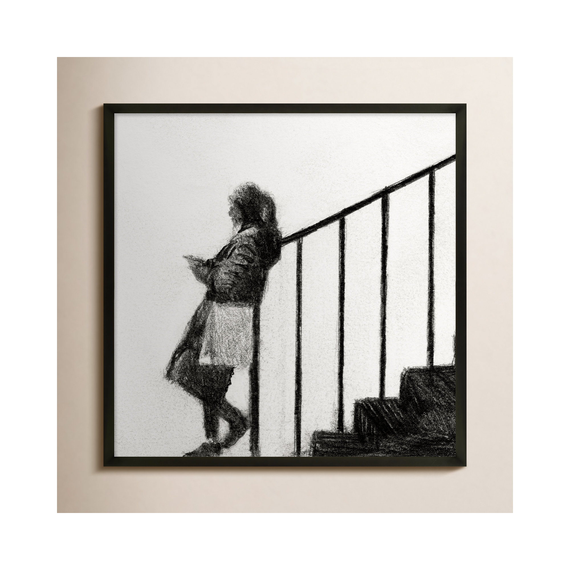 Waiting by Simon Schneiderman, Black Wood, 16" H x 16" W x 1.25" D