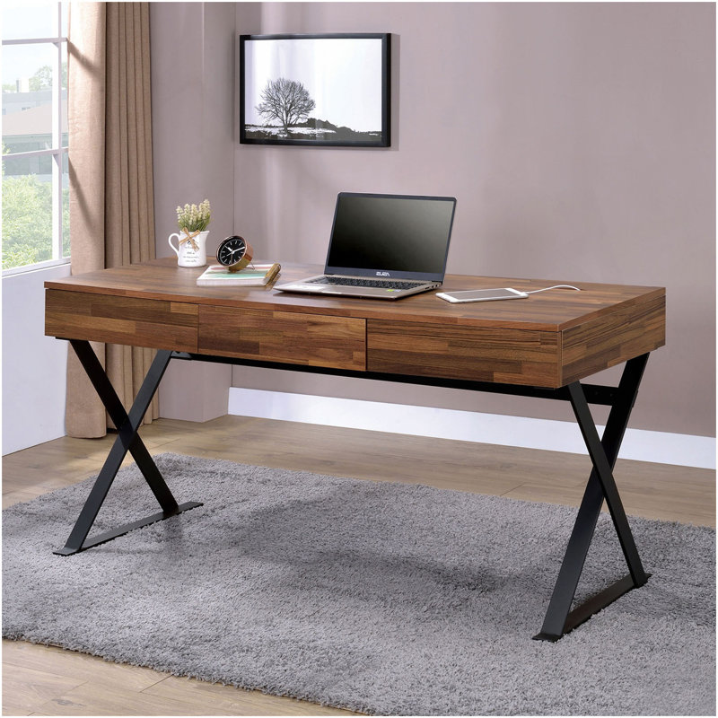 Bureau d'ordinateur industriel avec trois tiroirs de rangement USB et prise de courant, pieds X-Cross noirs