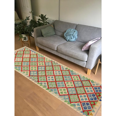 Tapis rouge / bleu / beige / gris en laine noué à la main 2 pi 8 po x 9 pi 6 po Hardie