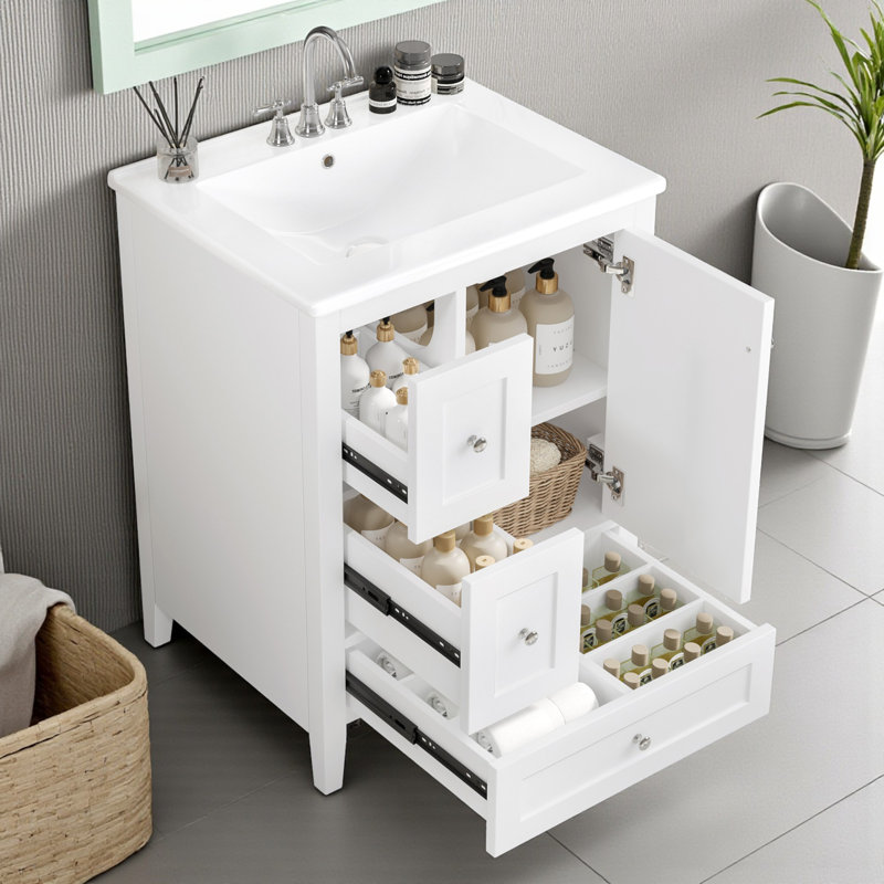 Ensemble de meuble-lavabo simple 24 "avec plateau en céramique, Blanc, Argent argent