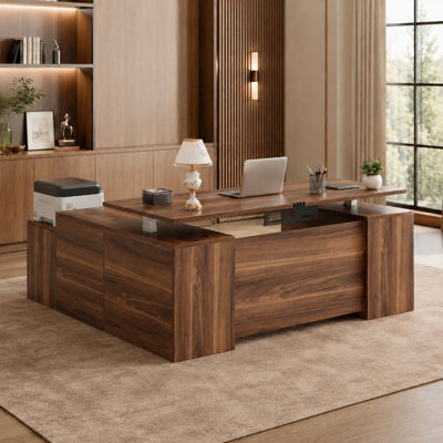 71" L-Shaped Executive Standing Desk with Drawers, Built-In Power Outlets and Privacy Panel, Height-Adjustable Standing Office Desk for Executive and Home Offices, Walnut  Desk