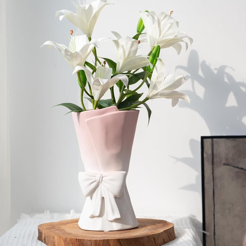 Charming 9.64" Green Ceramic Bow Vase - Ideal Decor & Gift for Women, Pink White