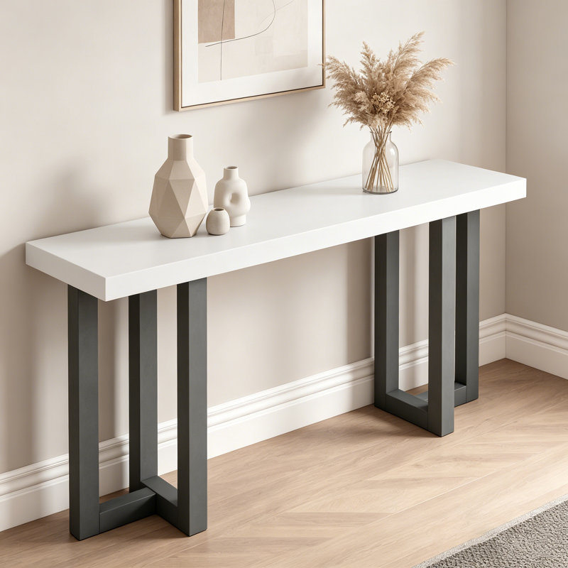 Geometric Console Table With Solid Pine Legs For Entryway & Bedroom, White/Gray