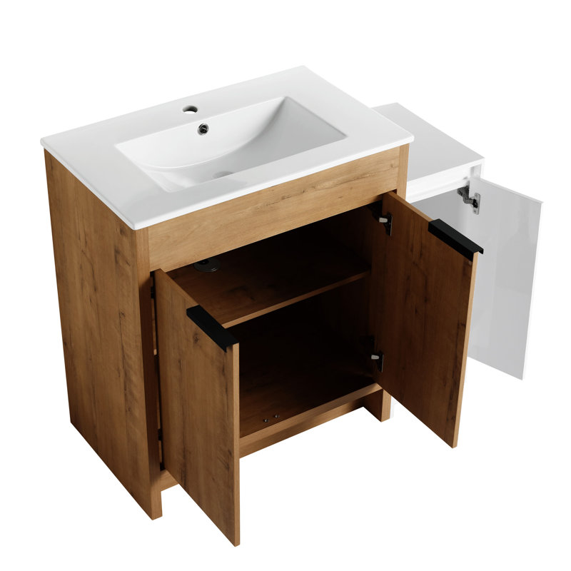 Meuble-lavabo autoportant avec lavabo en céramique et armoires de rangement, Blanc brillant / chêne imitation, Blanc