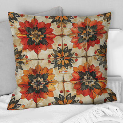 Coussin décoratif à motif de tuiles florales rouges et oranges II