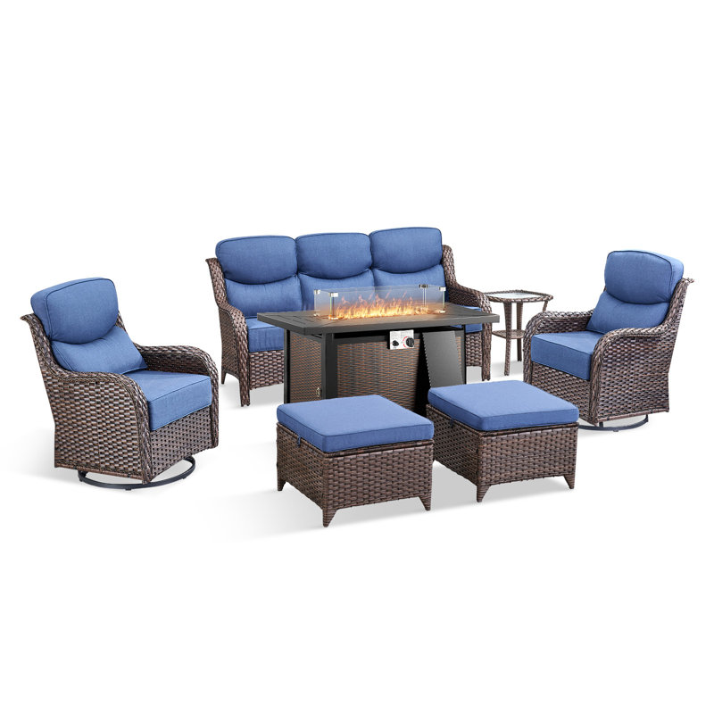 Polygala 7-Piece All-Weather Wicker Patio Rectangle Metal Fire Pit Table Conversation Set With Swivel Gliders, Sofa, Side Table And Ottomans