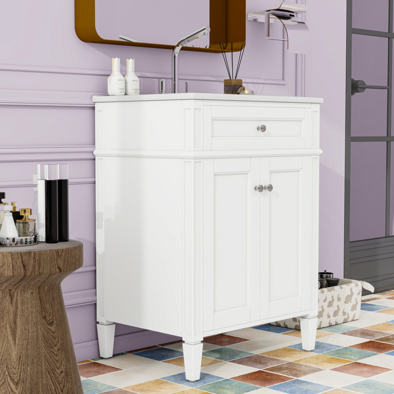 Meuble-lavabo de salle de bain avec lavabo en céramique, tiroir coulissant et portes à fermeture en douceur, Blanc