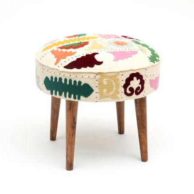 Suzani Embroidered Upholstered Ottoman Accent Stool, 21x18"