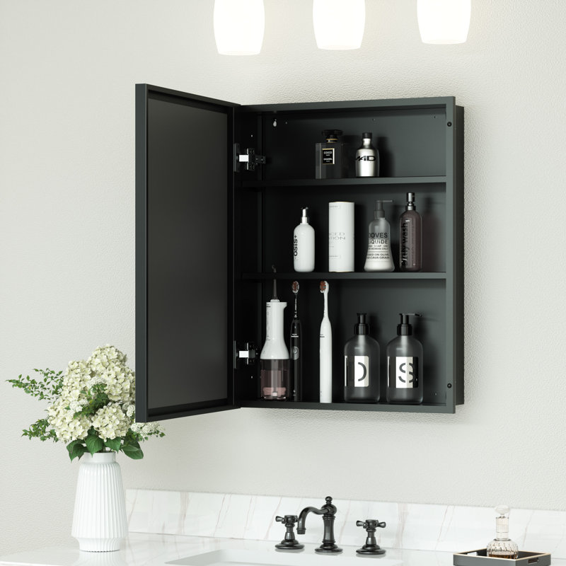 Recessed & Surface Framed Medicine Cabinet with Mirror and Shelves, 26" H x 20" W x 5" D, Black