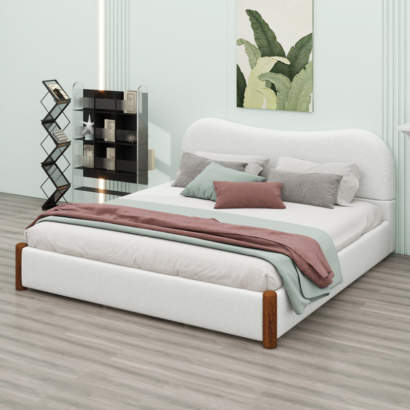 Structure de lit moderne tapissier avec pieds en bois, Blanc