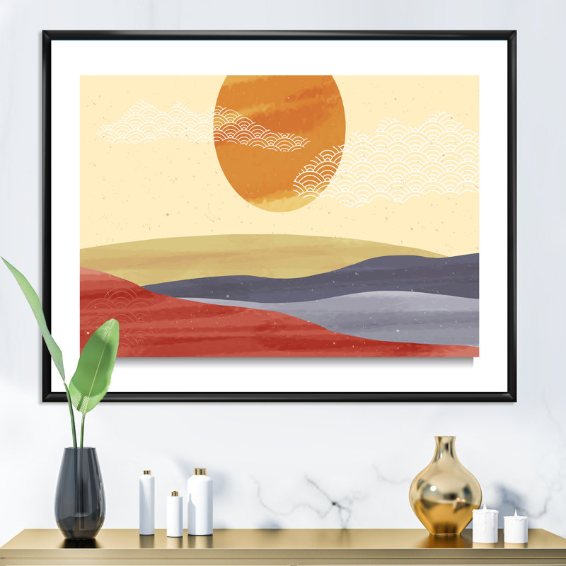 «Minimalist Abstract Landscape Mountain and Moon - Floater Frame», impression sur toile, Toile avec cadre noir