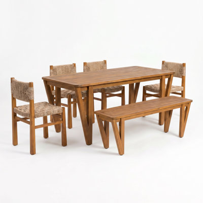 Hapeville Patio 6-Person Acacia Wood Dining Set With Bench & Wicker Dining Chairs