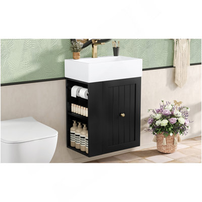 20-Inch Bathroom Vanity With Ceramic Sink, MDF Storage Cabinet With Drawer, Side Shelf & Golden Handle – Space-Saving Modern Vanity For Small Bathrooms