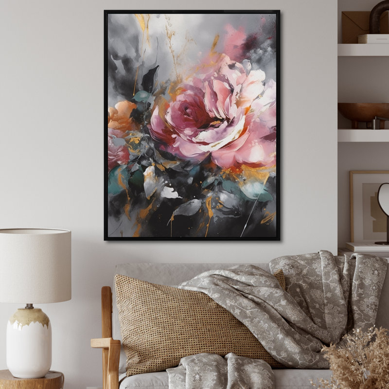 Roses roses romantiques - imprimé, H 32 po x l 16 po x P 1 po, Cadre flottant noir