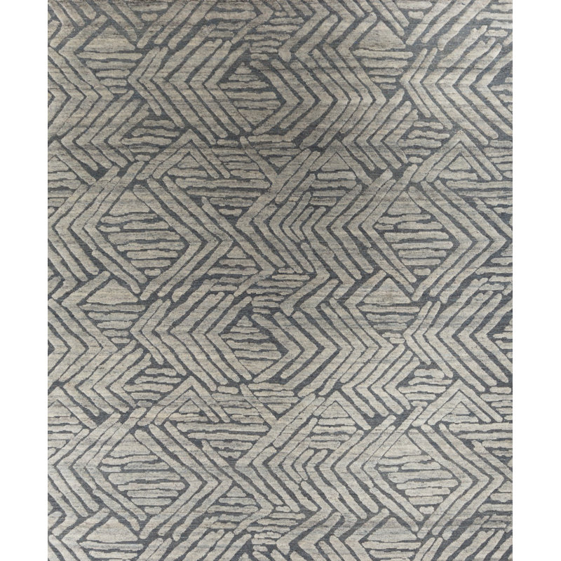 Geometric Hand-Knotted Wool Gray Area Rug, Rectangle 10' x 14'