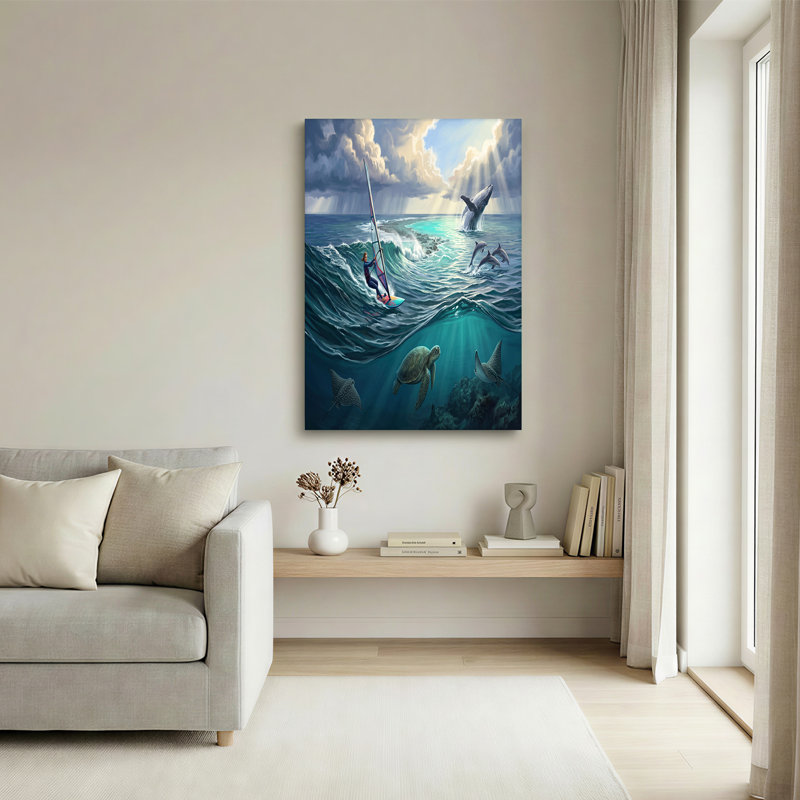 Art mural sur toile Windsurfer and Breaching Whale in Turquoise Ocean, H 24 po x l 36 po