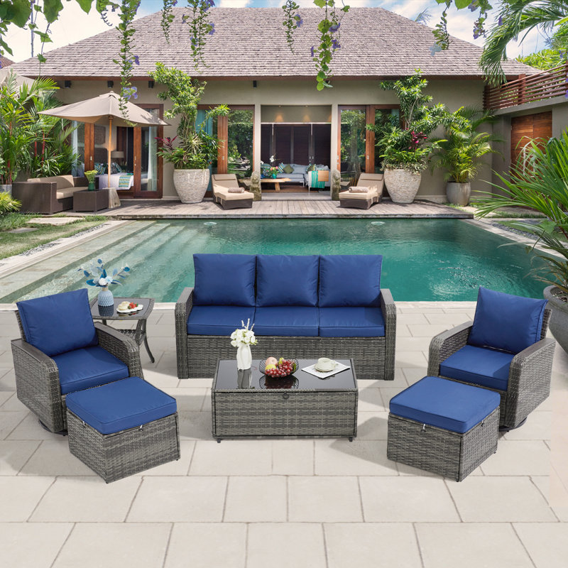 7 Pieces Outdoor Furniture Set With Swivel Chairs, Wicker Patio Furniture For Porch Deck Bistro Lawn Garden Backyard Poolside