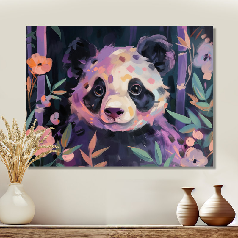 Blanc, mauve, panda, jungle I - art mural animal panda, Toile tendue, H 12 po x l 20 po