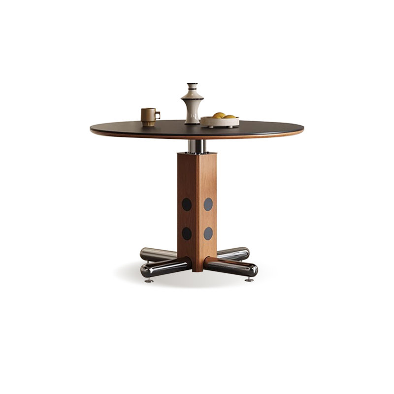 Noir / brun noyer + argent rond + pierre frittée + bois massif + bois manufacturé + table de salle à manger en acier inoxydable